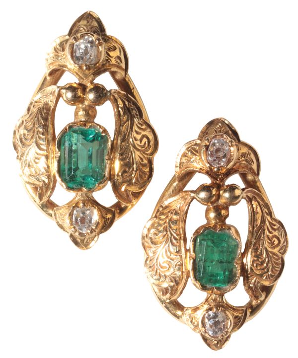A PAIR OF 18CT GOLD, EMERALD AND DIAMOND EARRINGS