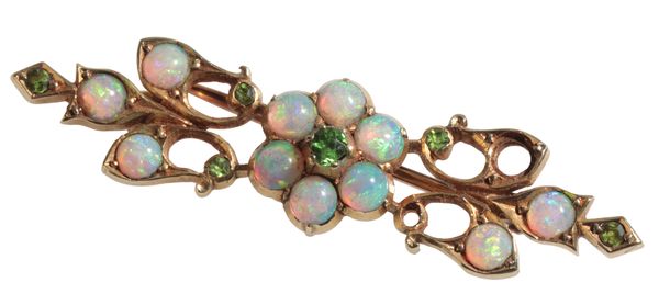 A GOLD COLOURED METAL, OPAL & DEMANTOID GARNET BROOCH