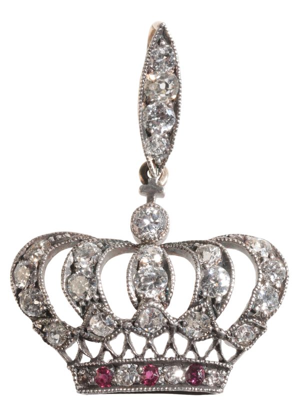 A DIAMOND AND RUBY CROWN PENDANT