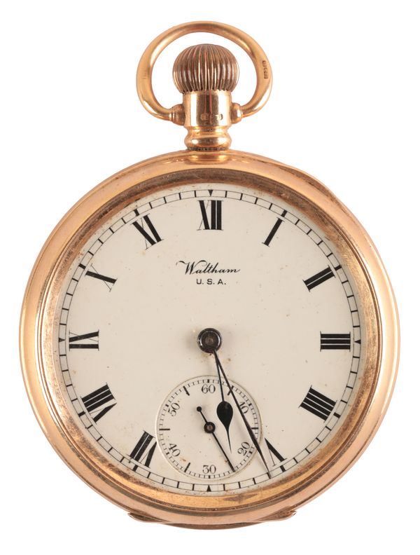 WALTHAM: A GENTLEMAN'S 15CT GOLD OPEN FACE POCKET WATCH