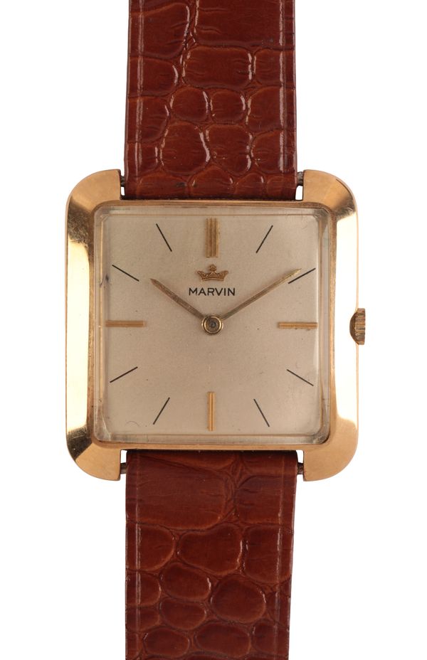 MARVIN: A GENTLEMAN'S 18CT GOLD CUSHION-CASE WRISTWATCH