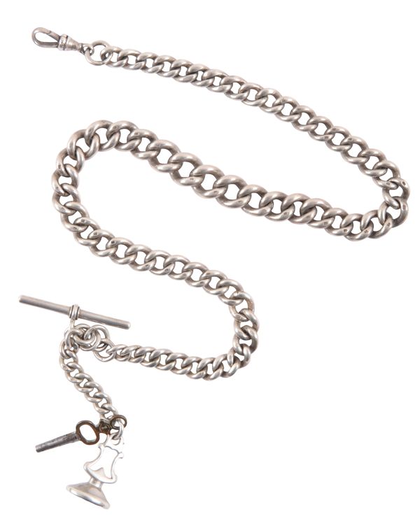 A SILVER CHAIN LINK POCKET WATCH CHAIN