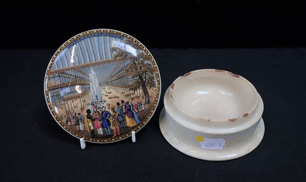 A VICTORIAN PRATTWARE POT LID AND POT 'THE CRYSTAL PALACE'