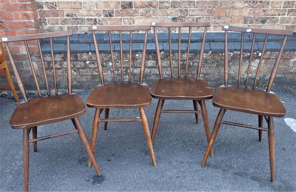 A SET OF FOUR ERCOL MID-CENTURY STICK-BACK DINING CHAIRS