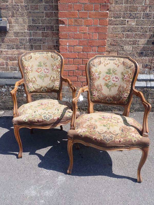 A PAIR OF FRENCH FAUTEILS WITH  WOOL WORK SEATS