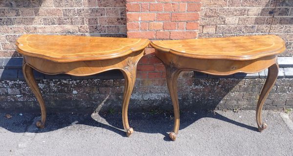 A PAIR OF PARQUETRY TOPPED CONSOLE TABLES