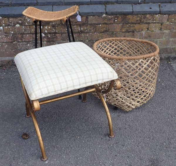 A MODERN METAL X-FRAME STOOL, A SPLIT-CANE BASKET