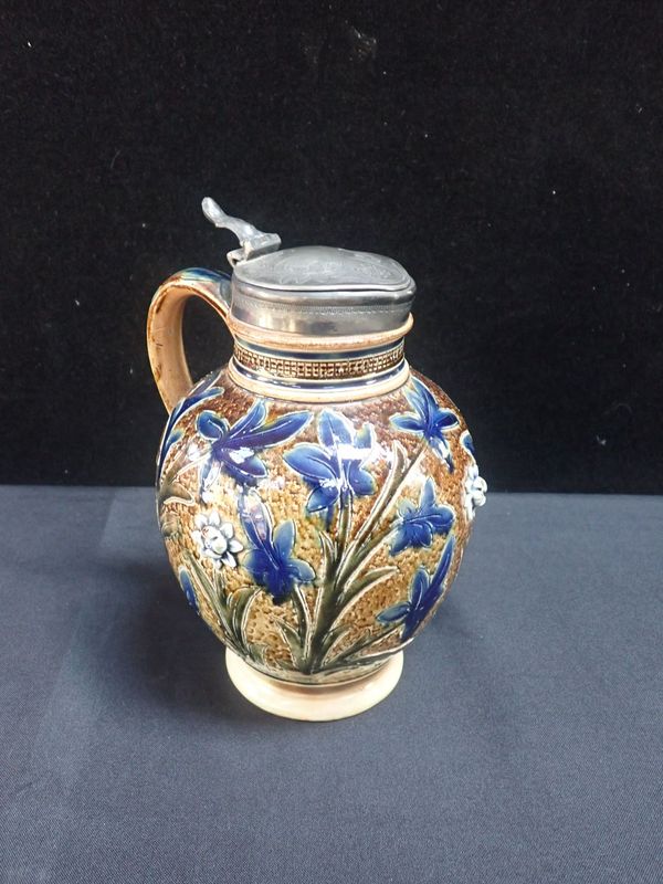 ARTHUR BARLOW FOR DOULTON LAMBETH; A JUG WITH PEWTER LID