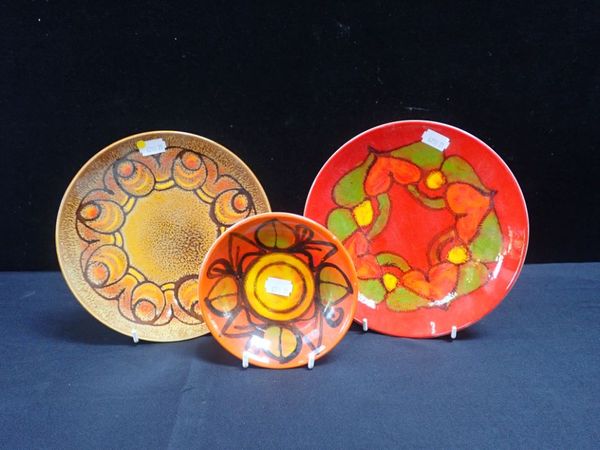 POOLE POTTERY: TWO 'DELPHIS' DISHES AND ONE 'AEGEAN'