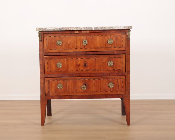 A LOUIS XV STYLE KINGWOOD AND MARBLE TOPPED COMMODE