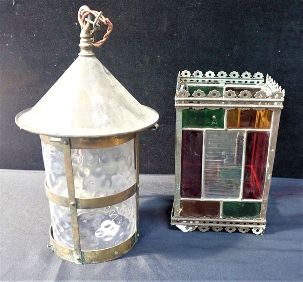 TWO HALL LANTERNS, ONE LATE VICTORIAN WITH COLOURED GLASS