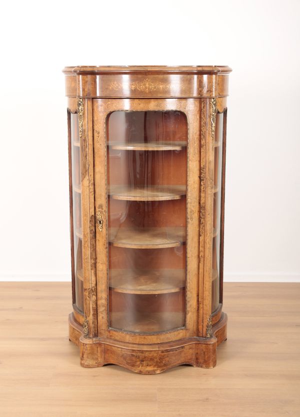 A VICTORIAN BURR WALNUT, MARQUETRY AND GILT METAL MOUNTED VITRINE