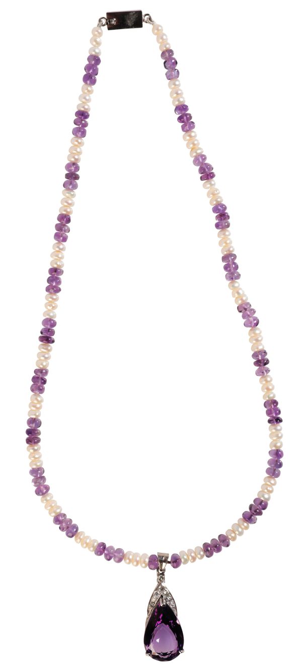 AN AMETHYST, PEARL AND DIAMOND PENDANT NECKLACE