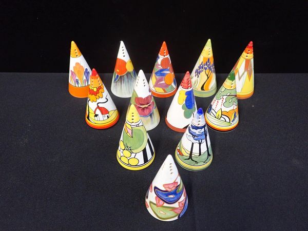 TWELVE CLARICE CLIFF CENTENARY REPRODUCTION MINIATURE SUGAR SHAKERS