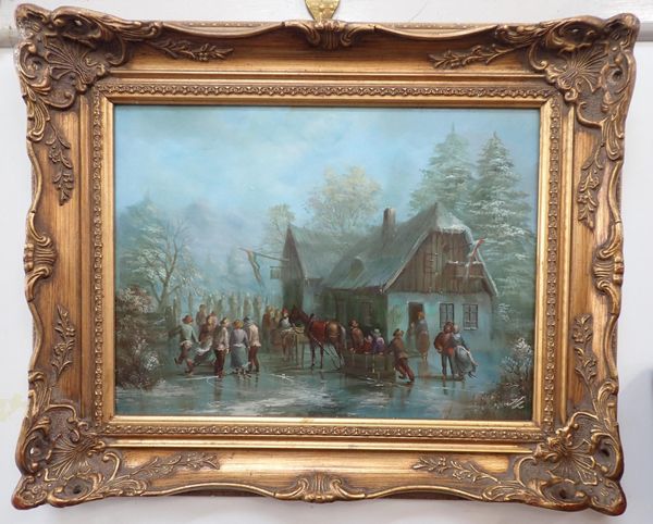 A DUTCH SKATING SCENE, OIL ON BOARD