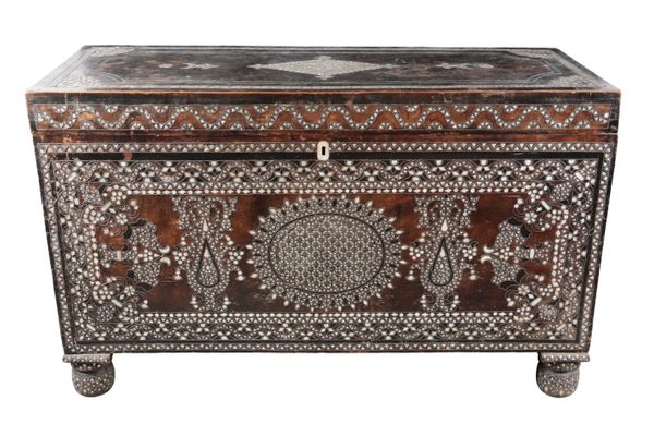 AN OTTOMAN HARDWOOD AND MOTHER OF PEARL INLAID CHEST