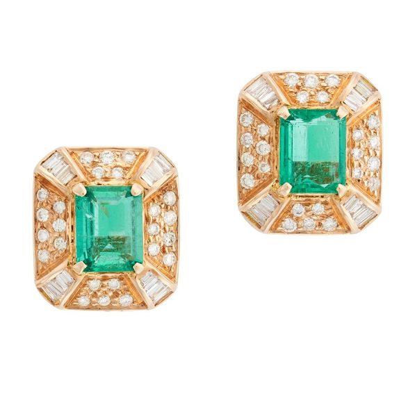 A PAIR OF EMERALD AND DIAMOND EARRINGS