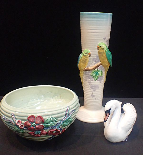 CLARICE CLIFF: A TALL BUDGERIGAR VASE