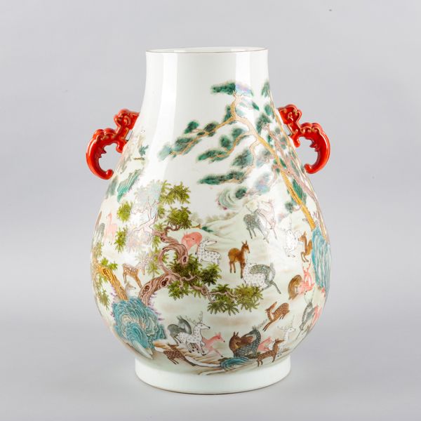 AN IMPRESSIVE CHINESE PORCELAIN FAMILLE ROSE 'HUNDRED DEER' HU VASE