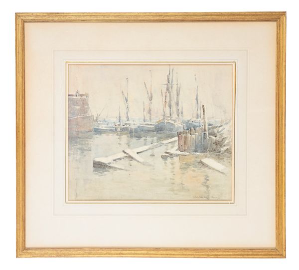 ARTHUR BRISCOE (1920-1997) A harbour scene with moored boats