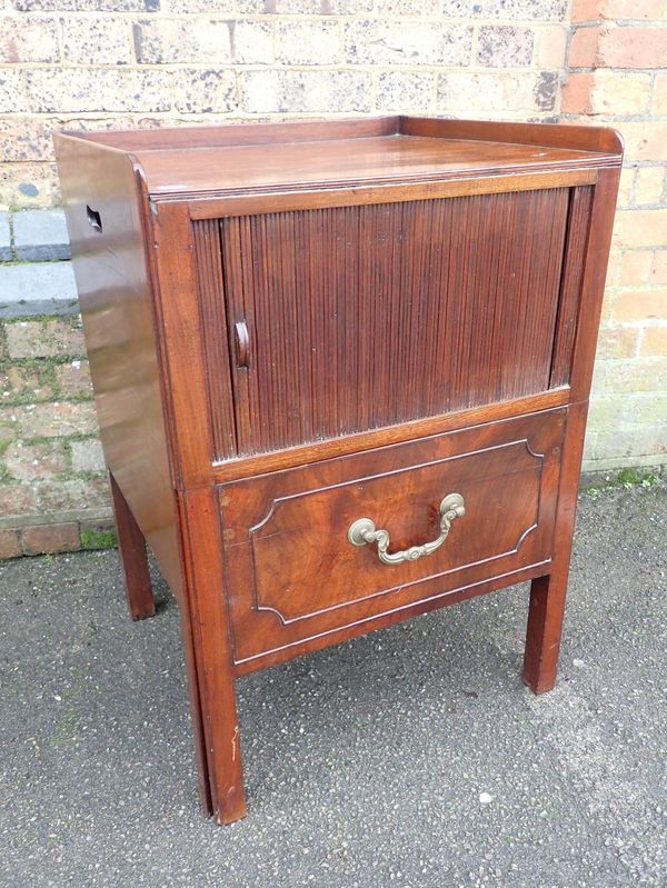 A GEORGE III MAHOGANY TAMBOUR FRONT NIGHT TABLE