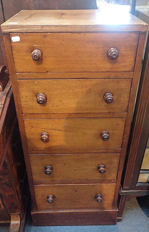 A VICTORIAN NARROW CHEST OF FIVE DRAWERS