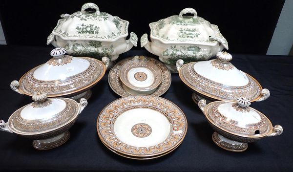 A GROUP OF GRECIAN BORDER TUREENS AND STANDS
