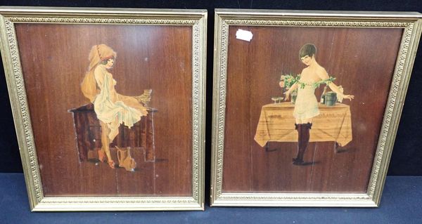 A PAIR OF EROTIC FRENCH BELLE EPOQUE STYLE MARQUETRY PANELS