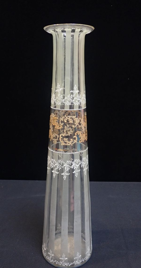 A VENETIAN STYLE PAINTED AND GILT TALL  GLASS VASE