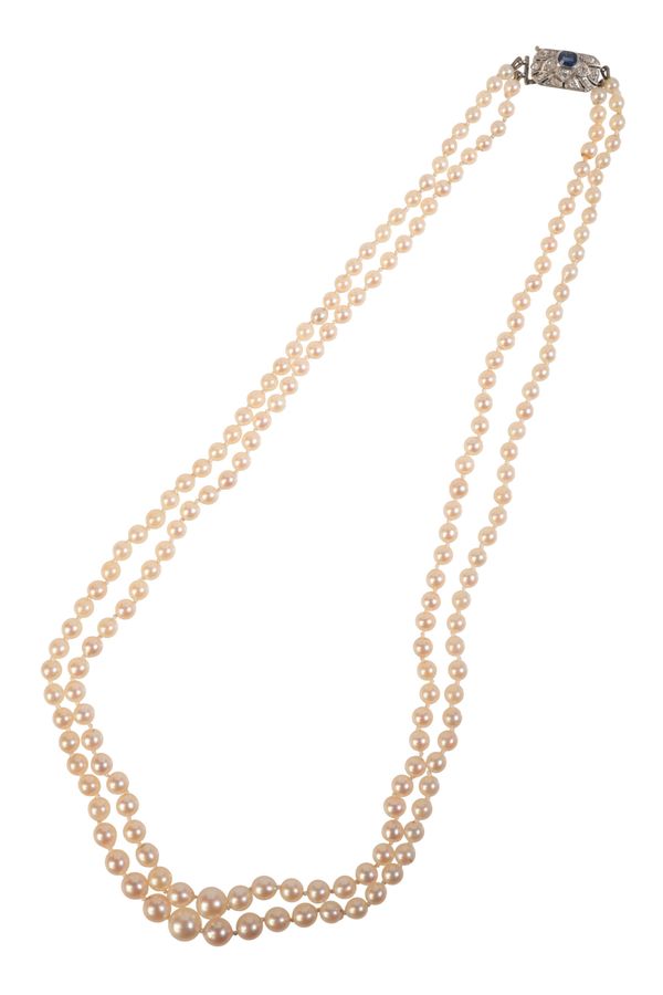 AN ART DECO SAPPHIRE AND DIAMOND TWO-ROW PEARL NECKLACE