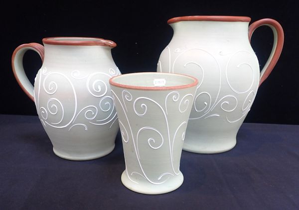 TWO LARGE DENBY 'FERNDALE' STONEWARE JUGS WITH MATCHING VASE