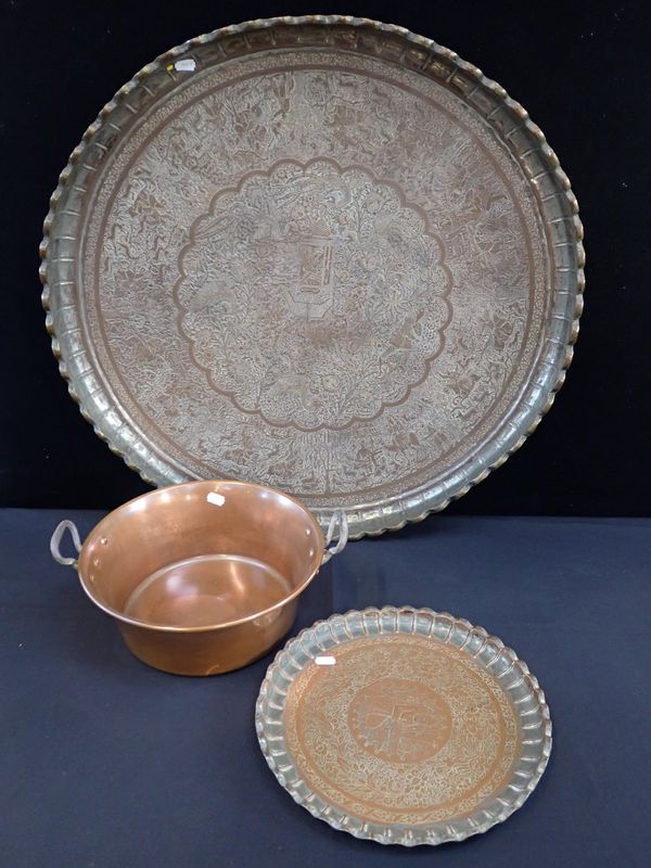 A LARGE PERSIAN SILVERED COPPER TRAY, WITH ALL OVER DECORATION