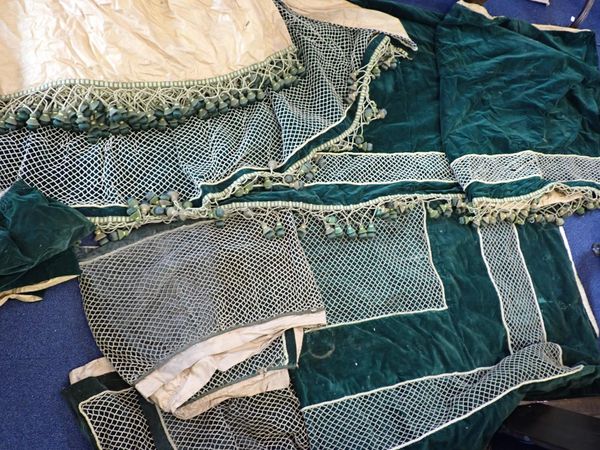 A PART SET OF OLD VELVET HANGINGS WITH BALL FRINGING