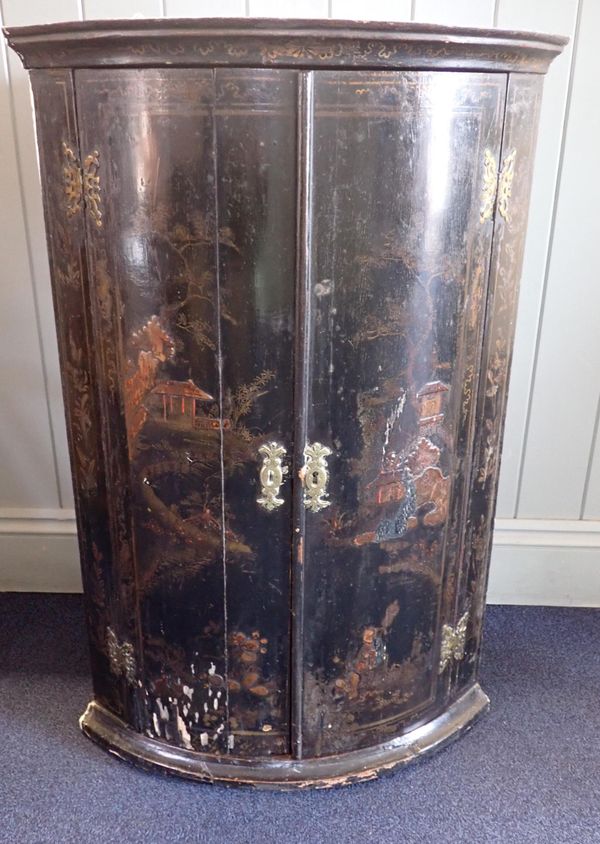 A GEORGE III CHINOISERIE DECORATED OAK CORNER CUPBOARD