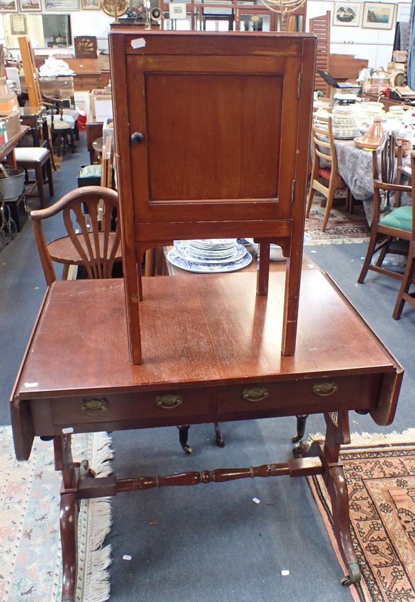 AN OAK AND MAHOGANY SOFA TABLE WITH LYRE-SHAPED SUPPORTS