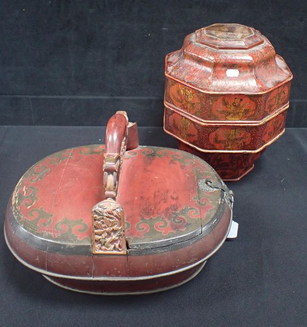 AN OCTAGONAL CHINESE RED LACQUER BOX