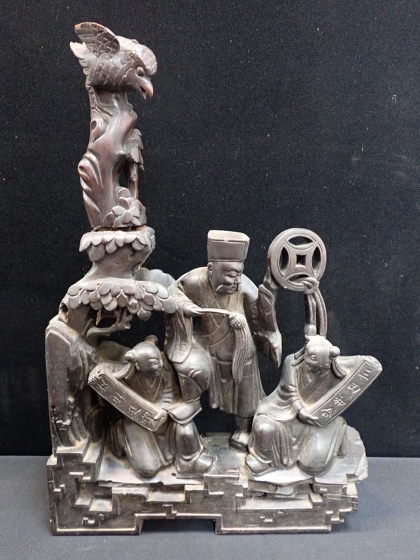 A LARGE CHINESE CARVED HARDWOOD GROUP