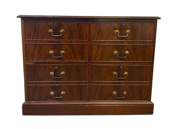 A GEORGE III STYLE FIGURED MAHOGANY FILING CHEST