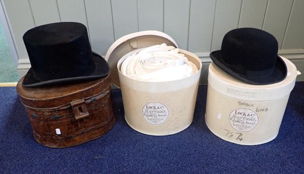 A TRESS & Co. TOP HAT, IN A PAINTED TIN HATBOX