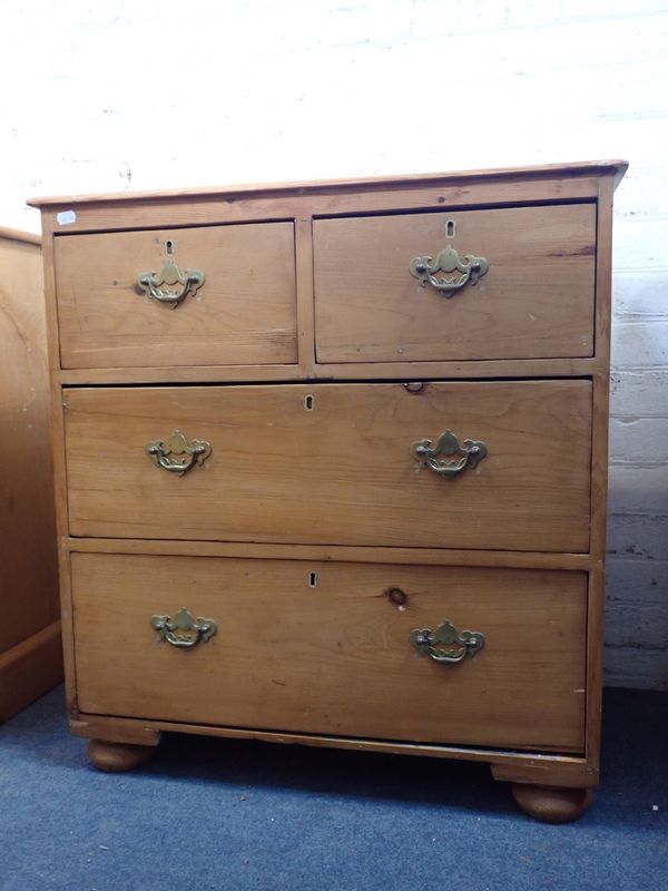 A SMALL 19th CENTURY STRIPPED PINE CHEST OF DRAWERS