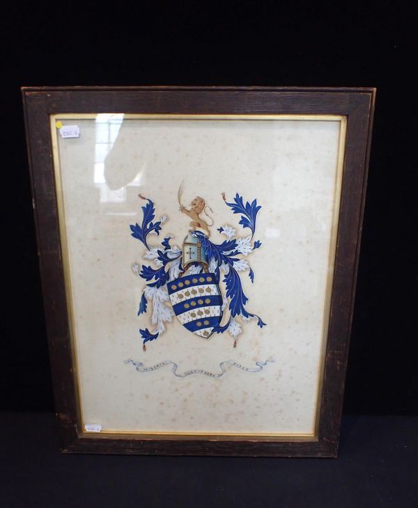 A WATERCOLOUR AND GILT PAINTED COAT OF ARMS