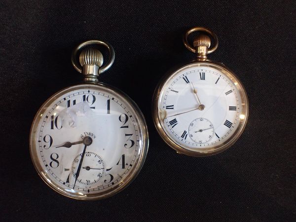 AN EIGHT DAY NICKEL-PLATED OPEN FACE POCKET WATCH