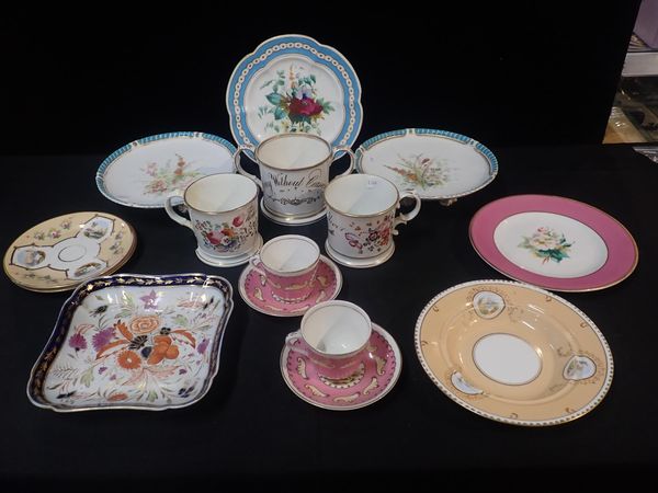 A GROUP OF VICTORIAN TABLEWARES WITH PAINTED LANDSCAPE AND FLORAL DECORATION
