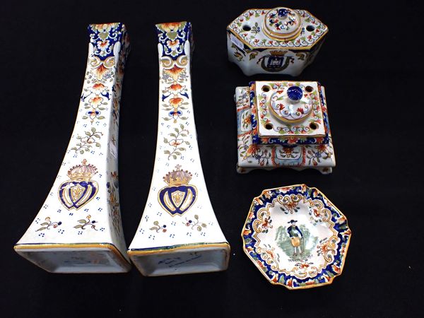 A ROUEN FAIENCE INKWELL, ANOTHER SIMILAR