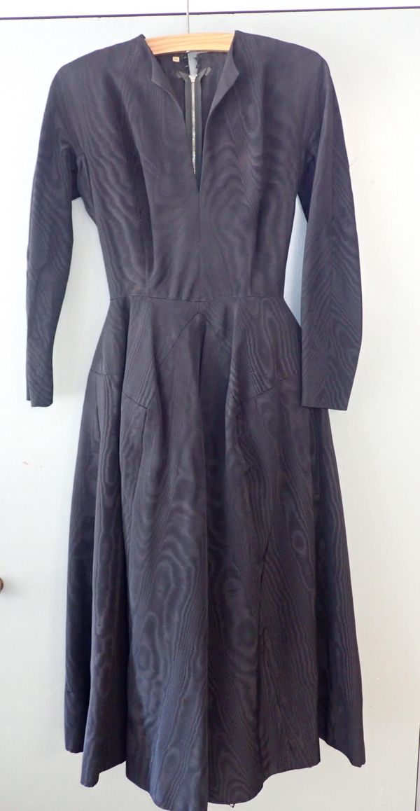 A BLACK MOIRE SILK COUTURE MADE EVENING DRESS