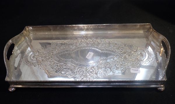 A SILVER PLATED RECTANGULAR TWO HANDLED TRAY