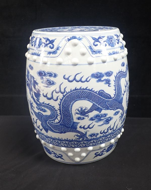 A MODERN BLUE AND WHITE CHINESE GARDEN SEAT