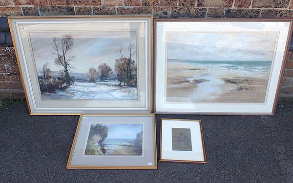 AUBREY PHILIPS: THREE PASTELS, BEACH, SNOWSCAPE, AND COASTAL SCENE