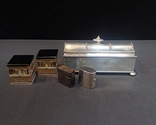 A SILVER-PLATED ON COPPER DESK INKSTAND