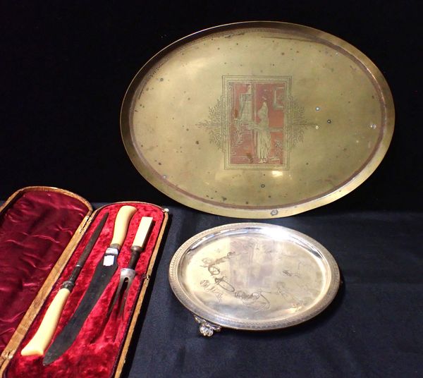 A VICTORIAN SILVER-PLATED TRAY WITH KATE GREENAWAY DESIGNED FIGURES ENGRAVED